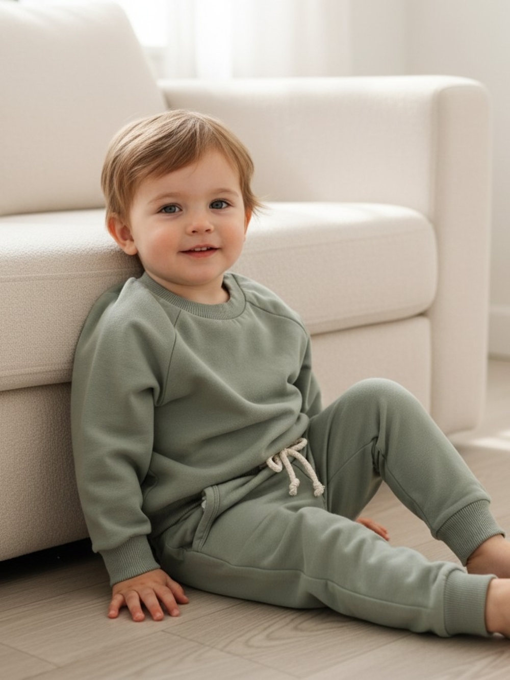 95% Organic Cotton Kids Sage Green Pajama Set - Cozy Lounge Sweatshirt & Joggers